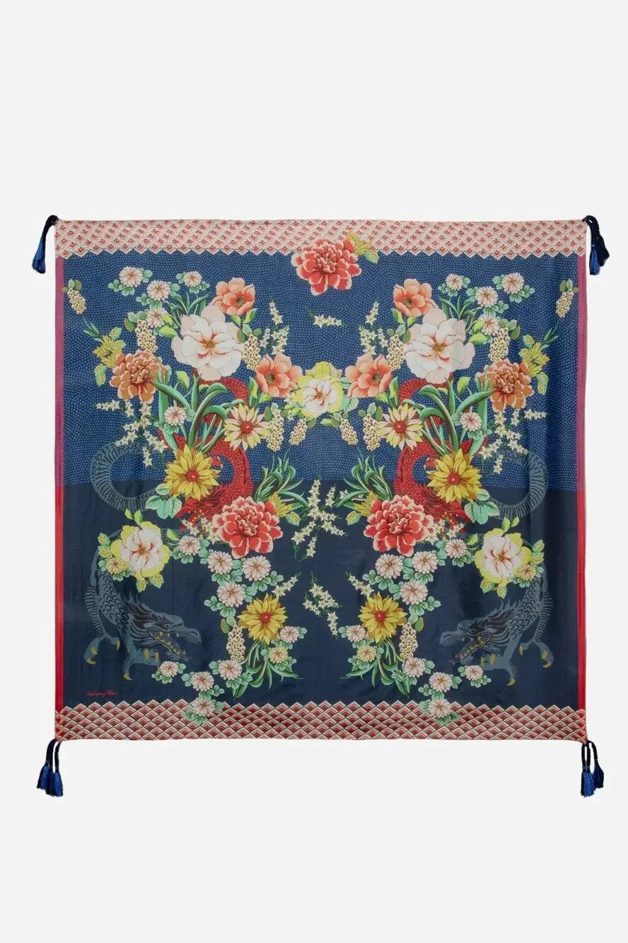 Johnny Was DRAGONA SCARF Blue Red 44” Silk Scarf Fringe